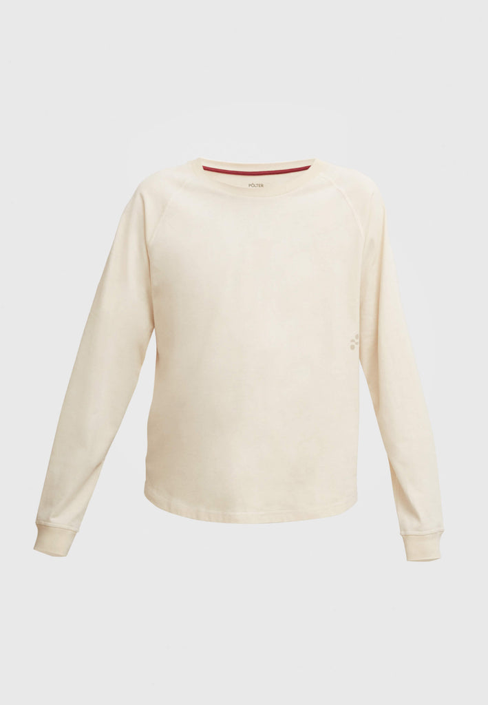 Pyjama Longsleeve in der Farbe „moon white“ für Herren mit Rundhalsausschnitt, überschrittenen Schultern und leicht abgerundetem Saum.