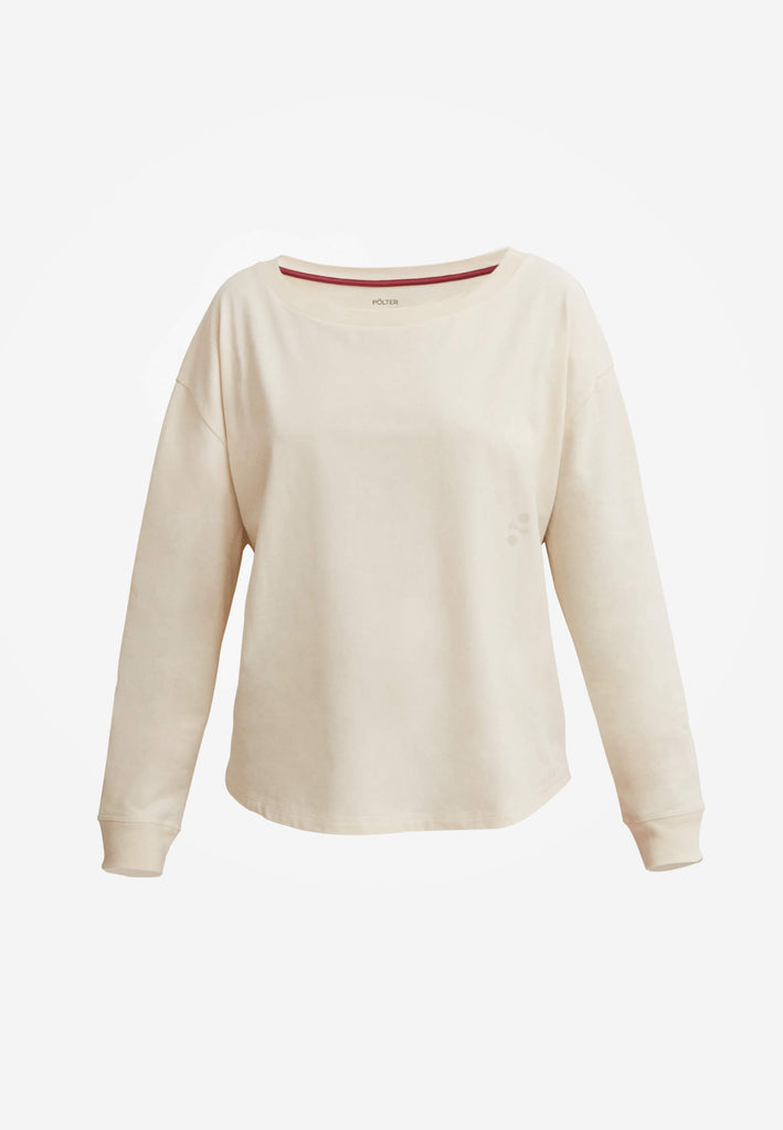 Pyjama Longsleeve in der Farbe „moon white“ für Damen mit Rundhalsausschnitt, überschrittenen Schultern und leicht abgerundetem Saum.