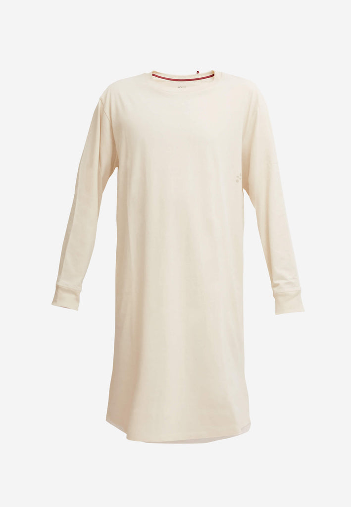 Langarm Nachthemd in der Farbe „moon white“ für Herren mit Rundhalsausschnitt und abgerundetem High-Low-Saum.