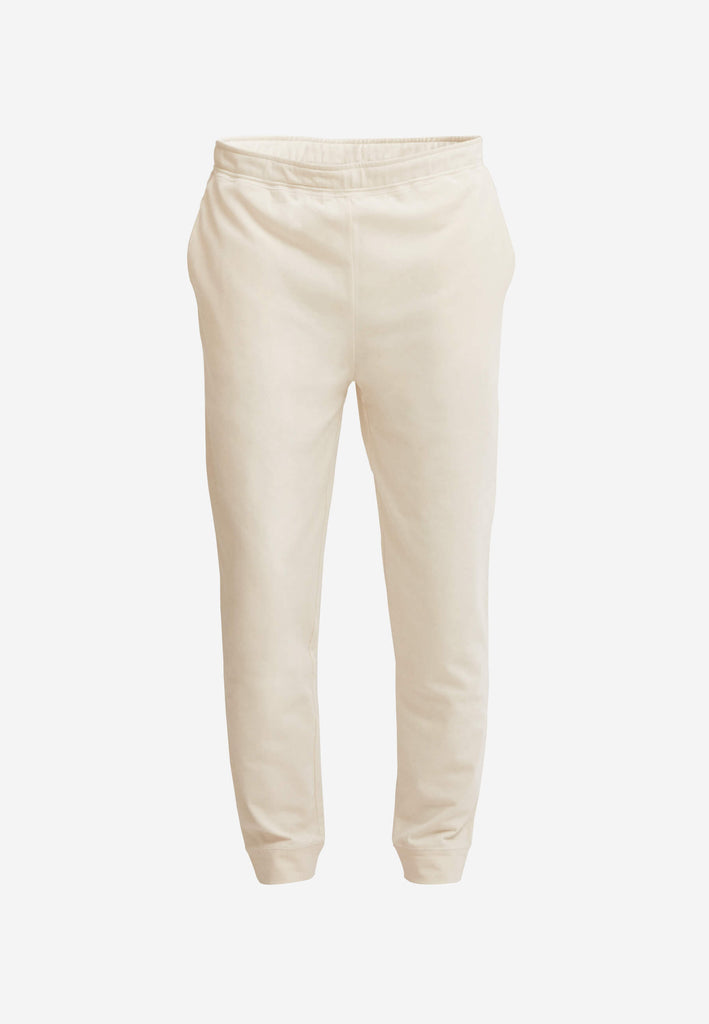 Lange Pyjamahose (Tapered Fit) in der Farbe „moon white“ für Herren mit seitlichen Eingrifftaschen und weichen, leicht elastischen Beinbündchen.